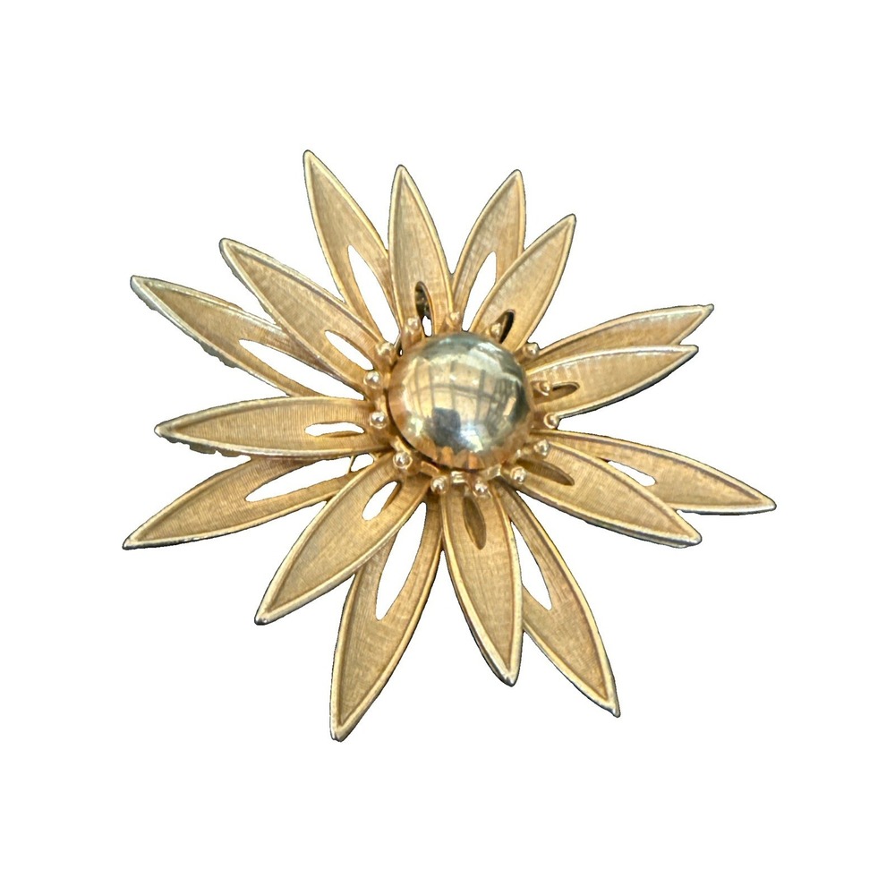 VTG Gold Tone Sunburst Starburst Flower Brooch Large Statement Pin